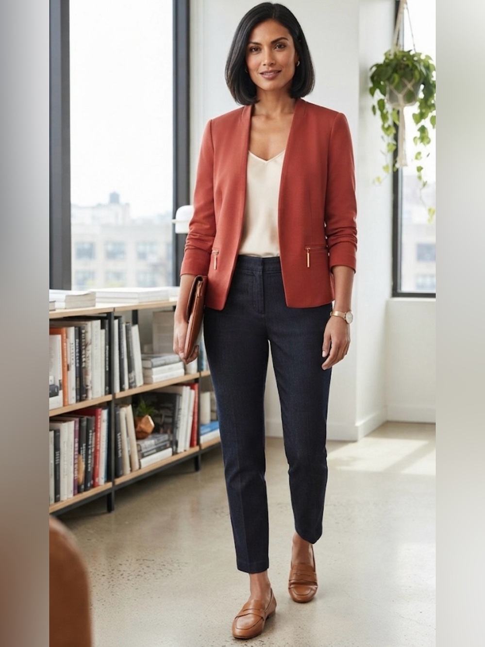 Carmen Marc Valvo Petite Rust Orange Open Front Blazer Size 10P